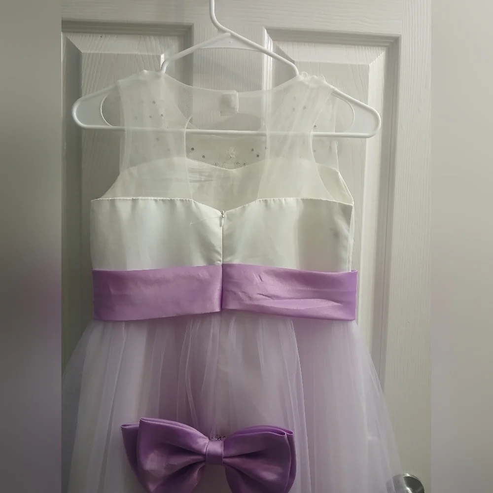 Elegant White and Purple Dress with Bows At Back And Down Length Of Dress.